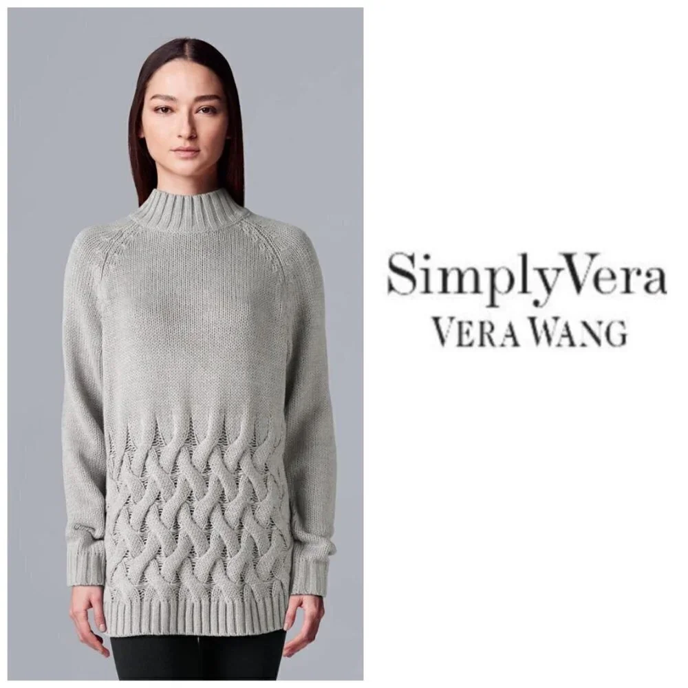 Simply Vera Wang Womens Gray Crew Neck Cable Knit Long Sleeve Sweater Sz M New